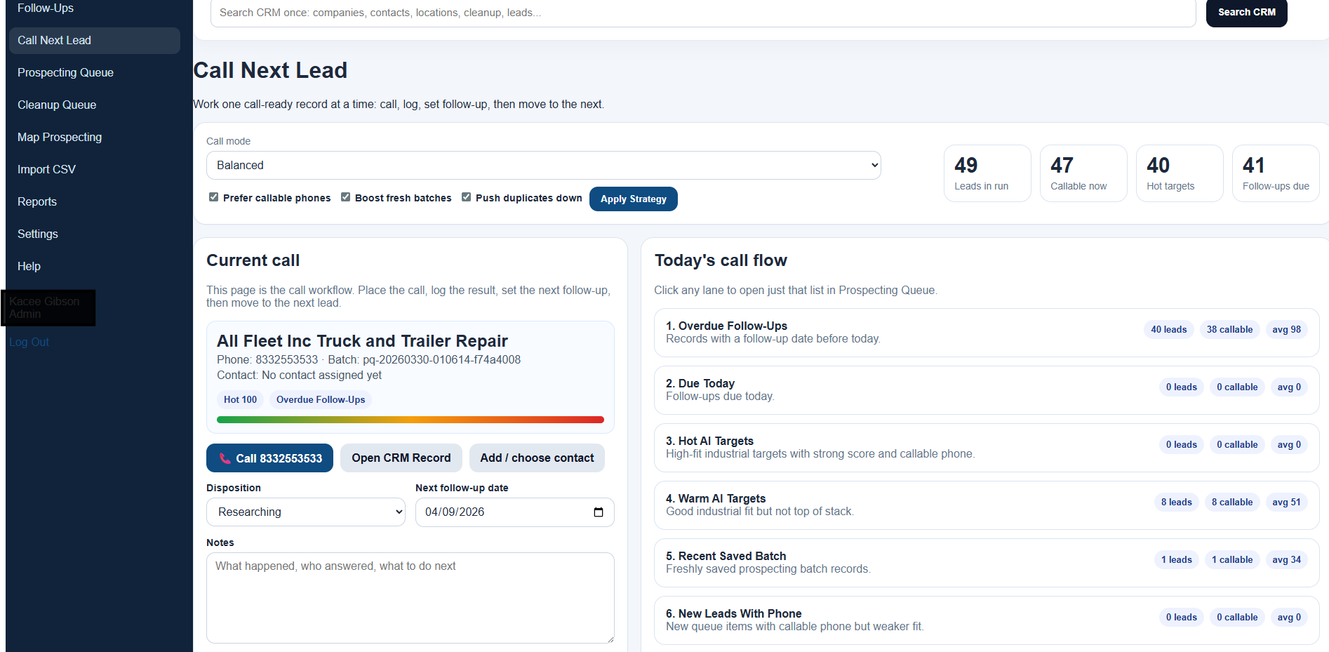 Call next lead workflow example
